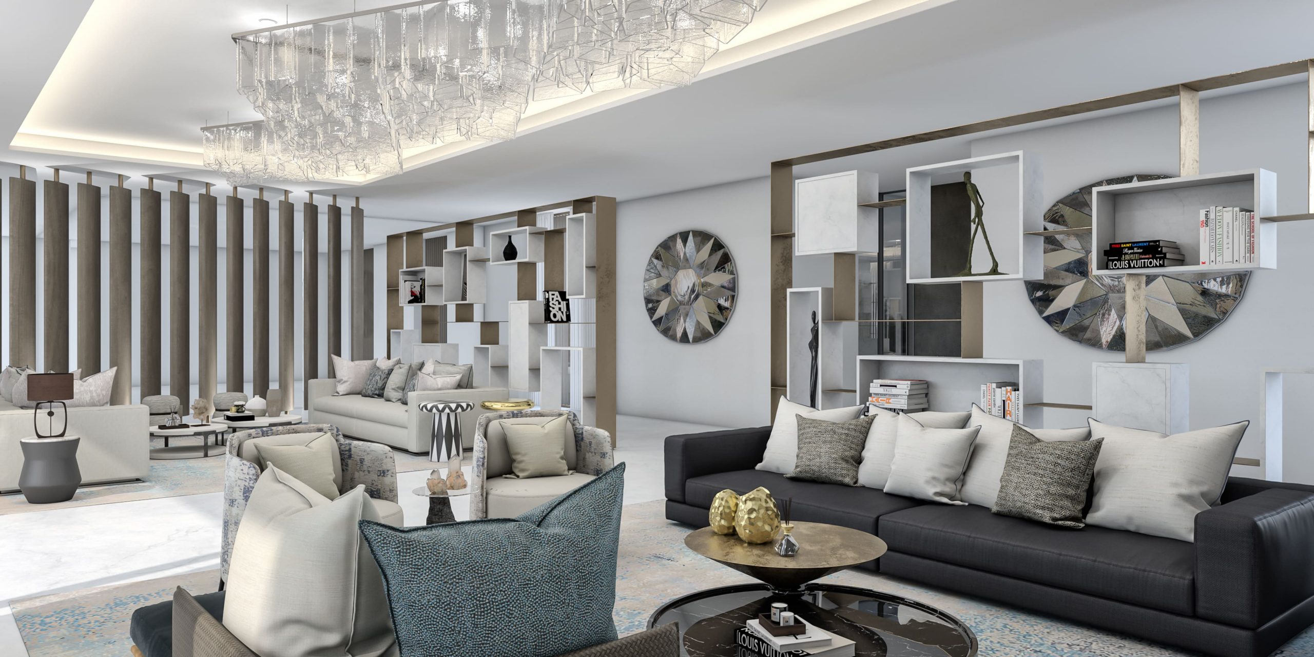 Living room with sofas and bespoke design library