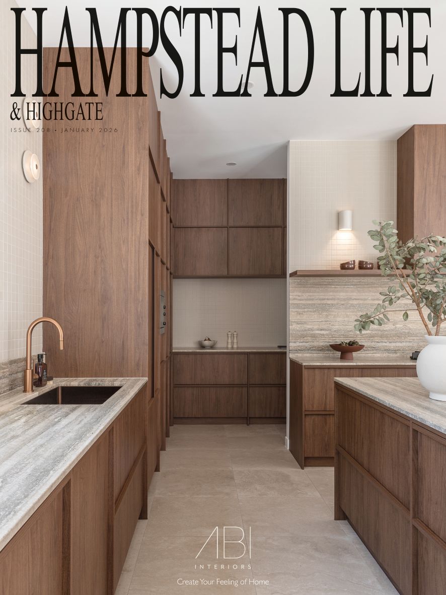 ront cover of Hampstead Life & Highgate magazine, Issue 208, January 2026, featuring a bespoke modern kitchen with dark wood cabinetry, stone countertops, and a copper faucet designed by Paolo Rota Interiors.