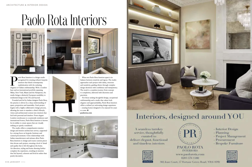 A digital screenshot of a two-page article in Hampstead Life & Highgate magazine featuring Paolo Rota Interiors. The layout includes high-end interior photography of a study, a kitchen with marble accents, a luxury bathroom, and a living area with velvet seating.