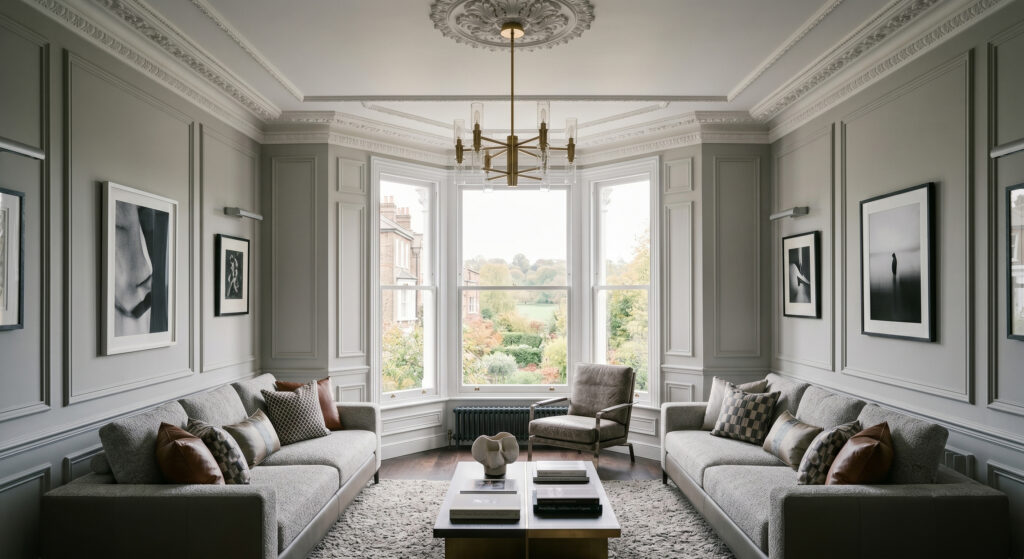 A perfectly balanced, wide-angle shot of an elegant London living room in Hampstead. Two identical Minotti-style sofas in textured gray upholstery sit opposite each other on a thick wool rug. A tiered dark wood and chrome coffee table centers the room under a traditional brass branch chandelier. A classic three-sided bay window with crisp white-painted frames opens up to a verdant park view, perfectly framed by sophisticated gray wall panel moulding and historical cornicing.