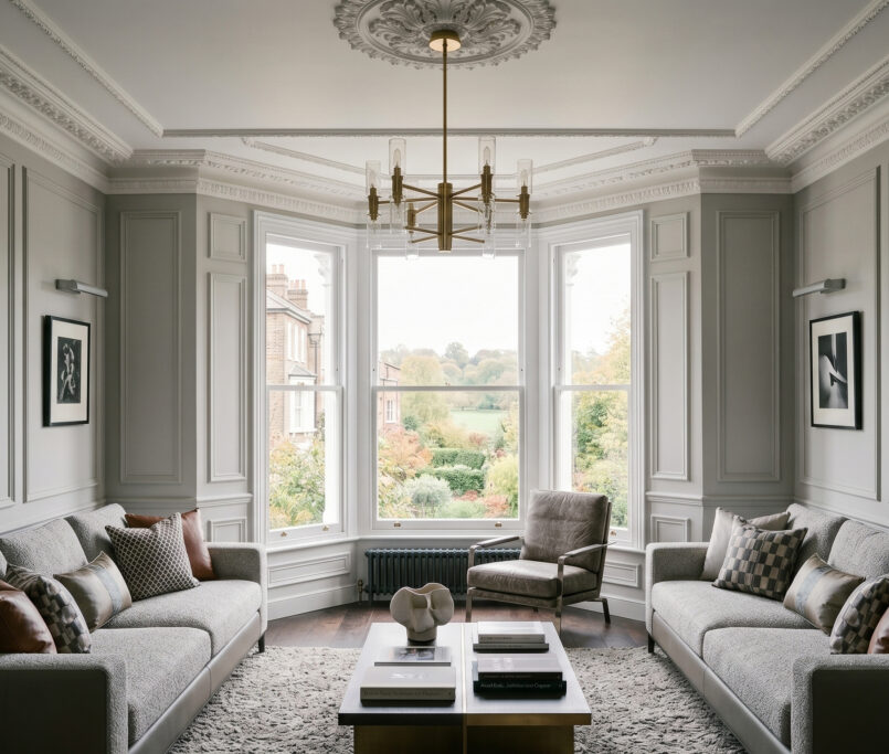 A perfectly balanced, wide-angle shot of an elegant London living room in Hampstead. Two identical Minotti-style sofas in textured gray upholstery sit opposite each other on a thick wool rug. A tiered dark wood and chrome coffee table centers the room under a traditional brass branch chandelier. A classic three-sided bay window with crisp white-painted frames opens up to a verdant park view, perfectly framed by sophisticated gray wall panel moulding and historical cornicing.