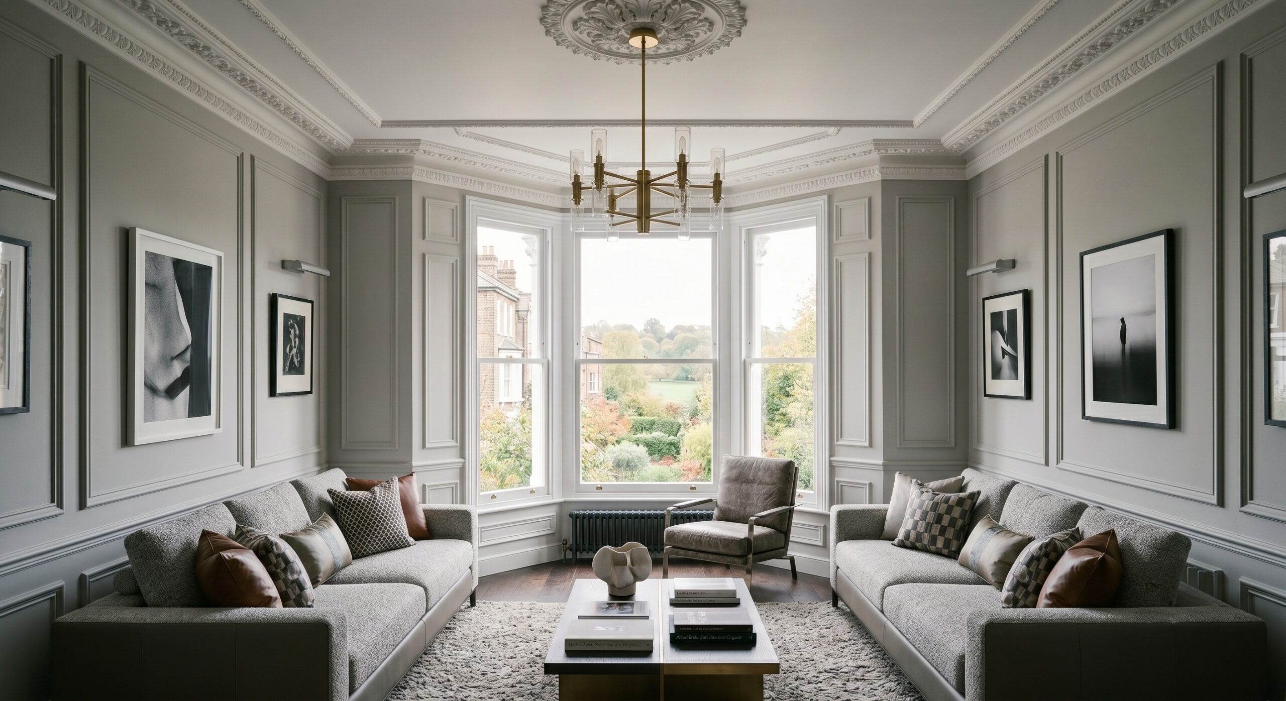 A perfectly balanced, wide-angle shot of an elegant London living room in Hampstead. Two identical Minotti-style sofas in textured gray upholstery sit opposite each other on a thick wool rug. A tiered dark wood and chrome coffee table centers the room under a traditional brass branch chandelier. A classic three-sided bay window with crisp white-painted frames opens up to a verdant park view, perfectly framed by sophisticated gray wall panel moulding and historical cornicing.