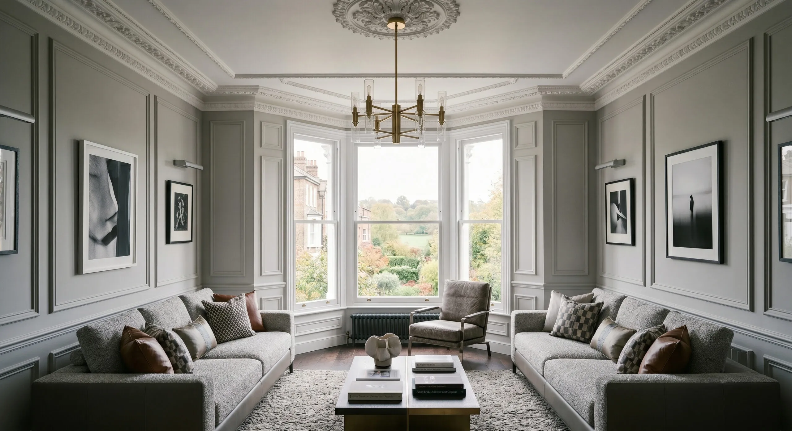 A perfectly balanced, wide-angle shot of an elegant London living room in Hampstead. Two identical Minotti-style sofas in textured gray upholstery sit opposite each other on a thick wool rug. A tiered dark wood and chrome coffee table centers the room under a traditional brass branch chandelier. A classic three-sided bay window with crisp white-painted frames opens up to a verdant park view, perfectly framed by sophisticated gray wall panel moulding and historical cornicing.