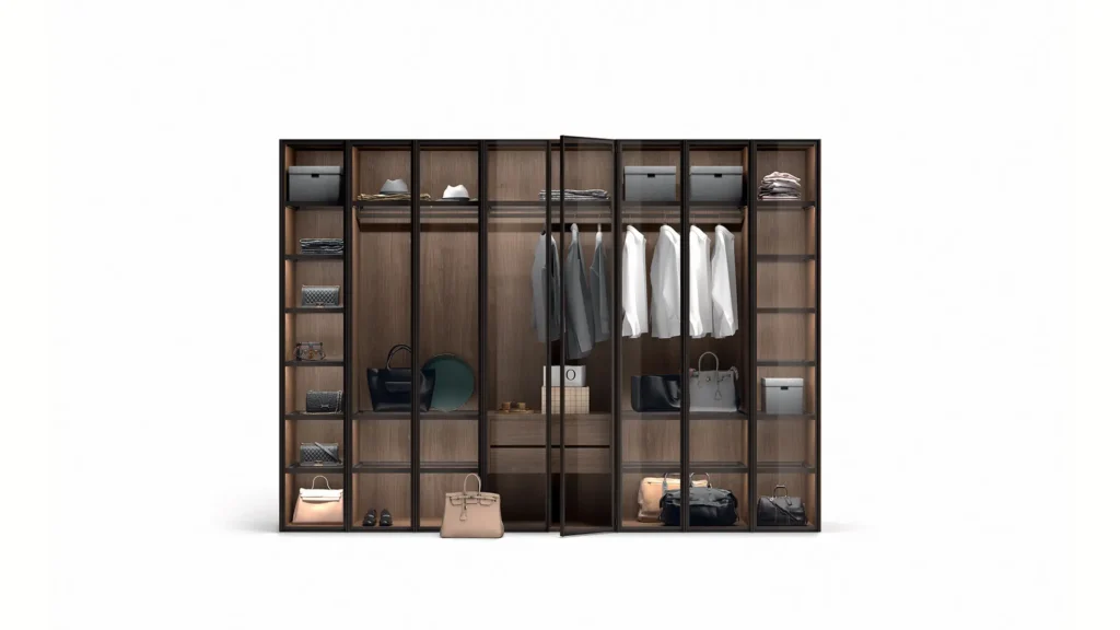 Contemporary Italian custom wardrobe featuring transparent glass doors, dark wood internal carcass, integrated LED shelf lighting, and bespoke storage compartments