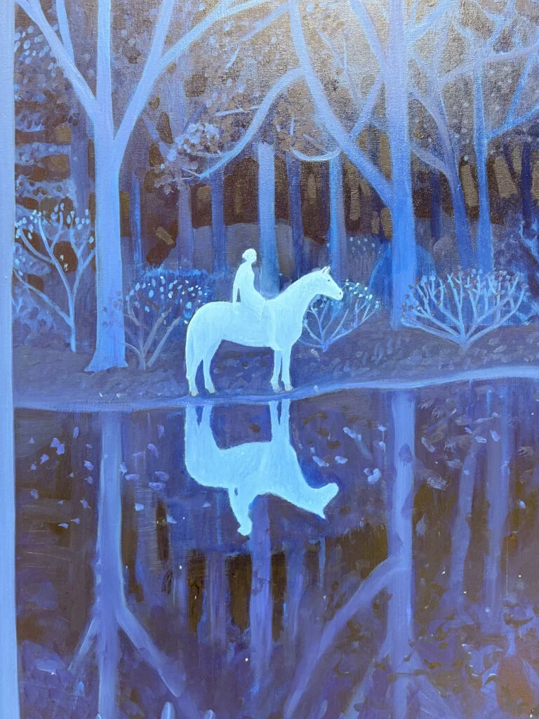 Ben Sledsens Between Trees large scale oil and acrylic painting showing white horse and rider reflected in blue forest lake