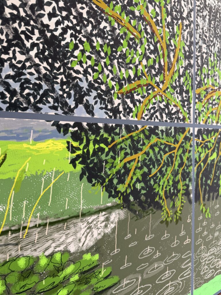 Close up detail of David Hockney digital brushwork depicting rain falling on leaves and water surface