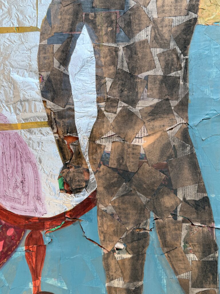 Texture detail of Derek Fordjour Haberdashery mixed media art featuring torn newsprint cardboard squares and silver foil