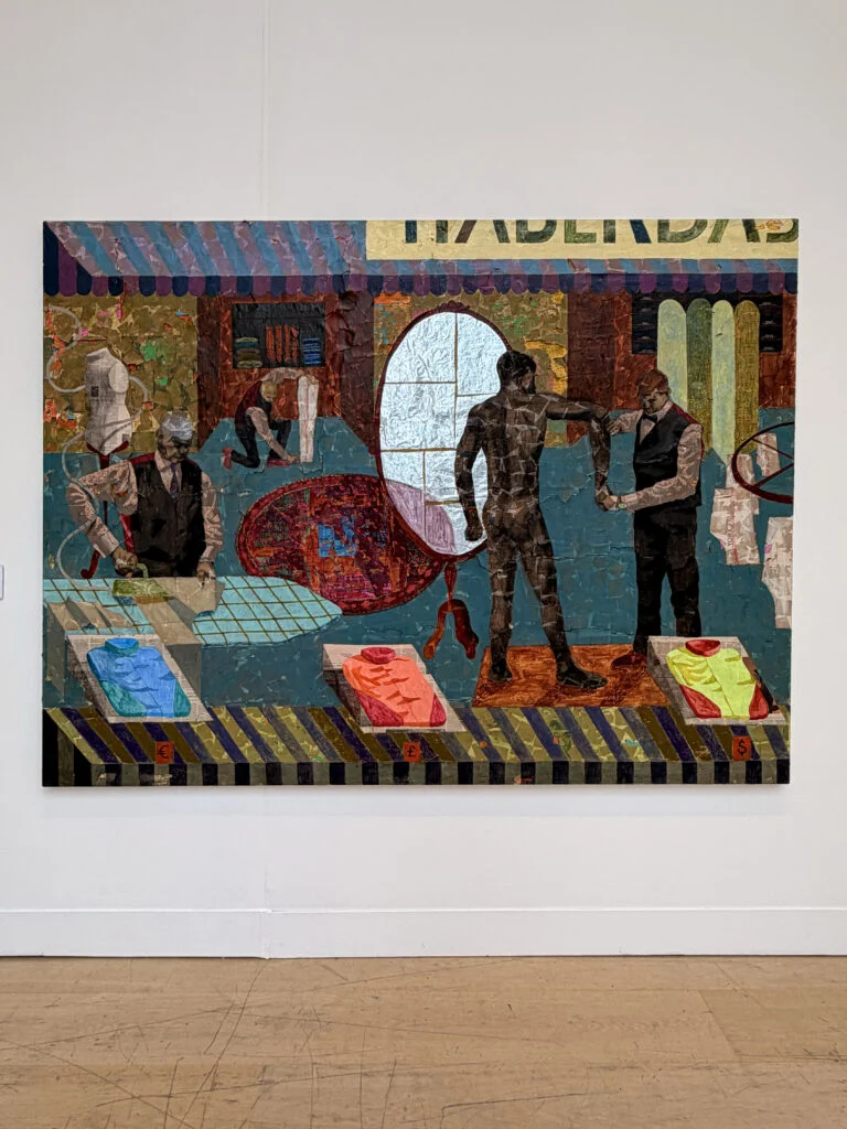 Derek Fordjour Haberdashery monumental mixed media painting featuring a tailor shop scene with collage newspaper and foil textures at Phillips London