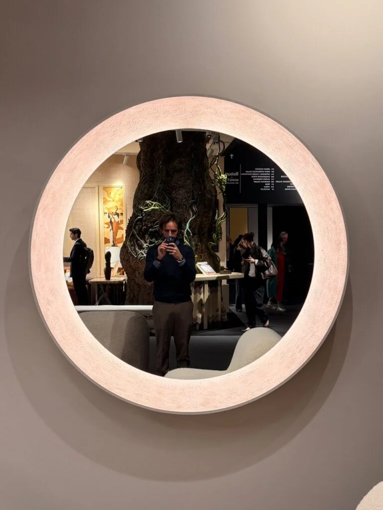 Emmanuelle Simon textured plaster halo illuminated mirror at Théorème Editions, PAD London