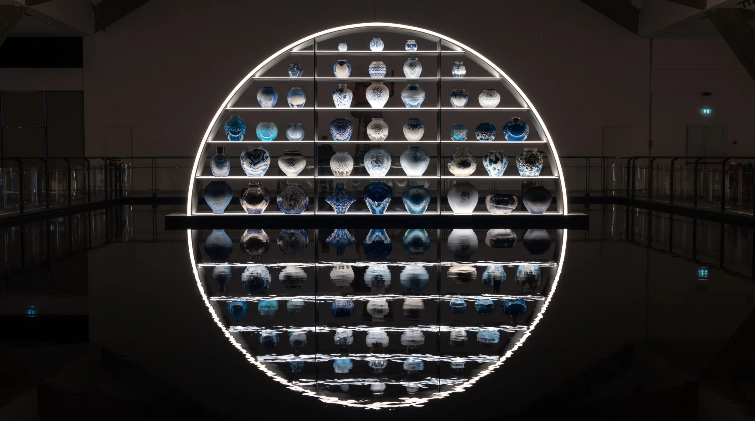 Symmetrical view of a large semi-circular illuminated display shelf with multiple tiers of unique, handcrafted blue and white detailed ceramic vases, perfectly reflected in dark, still water at Homo Faber exhibition in Venice.