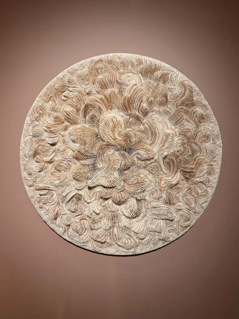 Rowan Mersh Pithvava Mini circular dentalium shell wall sculpture at Gallery FUMI, PAD London