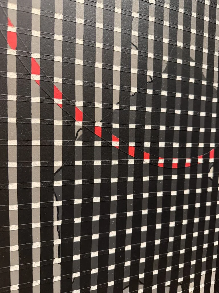 Close-up of Sten Lex Duomo Notturno optical grid art with red curve for luxury furniture procurement
